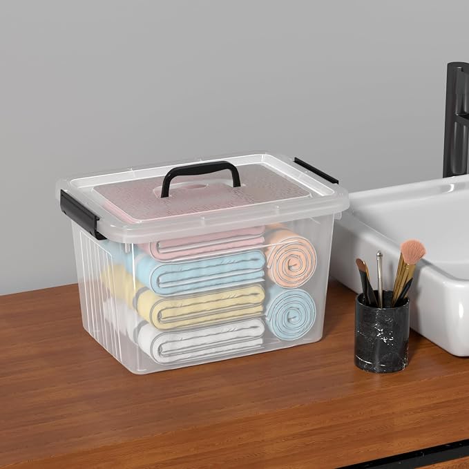 12L Clear Plastic Storage Bin with Handle, 4 Pack | Lidded Stackable Storage Boxes, BPA-Free, See-Through Organizer Totes for Closet, Pantry, Office
