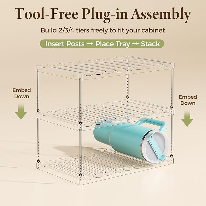 LAMU Stackable Water Bottle Organizer Holder Tumbler Cup Storage Rack | 3 Tier Clear PET Holder for Stanley 16-40oz Large Water Bottle Tumbler Cup Storage for Kitchen Cabinet Pantry Countertop