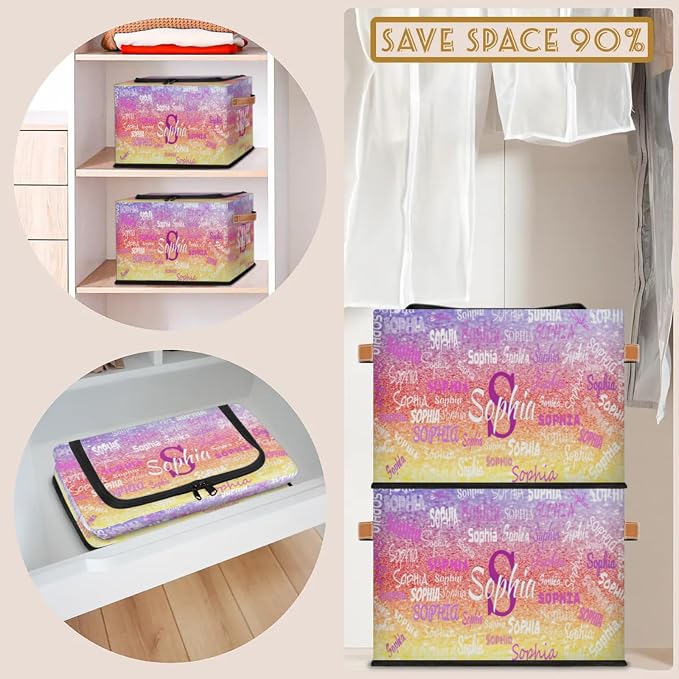 Custom Storage Baskets for Kids with Name, Large Foldable Organizer Collapsible Storage Bin with Zipper Lid Leather Handle for Home Toys Closet Nursery, Shiny Purple Red Yellow Glittering