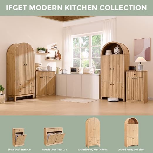 IFGET Triple Tilt Out Trash Can Cabinet, Modern Fluted Laundry Hamper Cabinet with 3 Drawers, 20 Gallon Hidden Wooden Garbage Can Cabinet w/Storage Basket & Adjustable Shelf, for Kitchen, Natural Oak