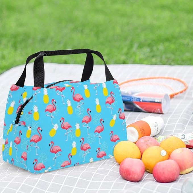Insulated Handheld Lunch Bag, Flamingo Pineapple Mint Green | Spacious Food Storage Cooler Bags, Leakproof Snack Tote, for Picnic Travel Office Outdoor BBQ