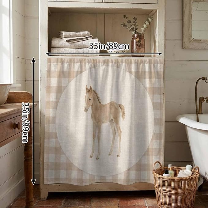 Graceful Pony Cabinet Dishwasher Hidden Curtains, Privacy Closet Door Curtain, Retro Natural Horse Farmhouse Plaid Rustic Adhesive Dust Proof Under Sink Skirt for Bathroom Kitchen 35"x35"