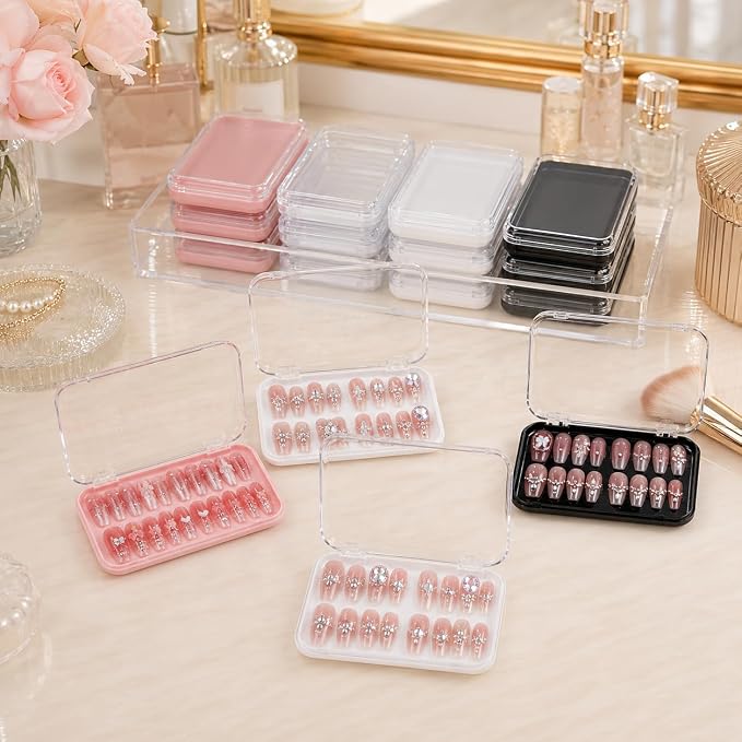 12Pcs Press On Nail Packaging Boxes for Long Nails | Large clear storage cases for long press ons; includes 30 adhesive tabs and bonus tools for nail salon use.