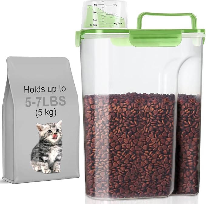 LEAWALK 5-7Lbs/6Qt Dog Cat Storage Container Portable with Upgraded Large Spout and Cup, Plastic Pet Food Dispenser for Small Animal Kibble, Bird Seed, Oatmeal, Rice, Flour, Brown Sugart (Clear Green)