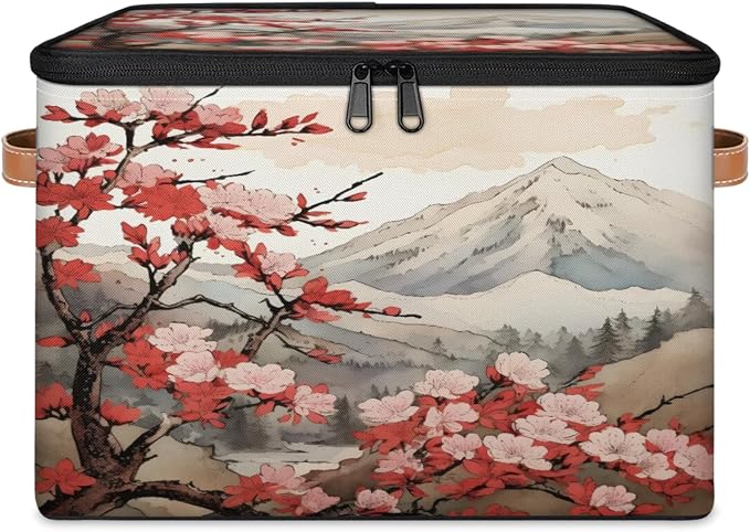 Storage Bins Japanese Cherry Blossoms Storage Basket with Zipper Lid & Handle Foldable Storage Box Storage Cube Bin Clothes Organizer for Closet, Bedroom