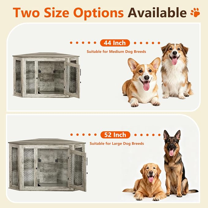 52" Corner Dog Crate Furniture, Wooden Dog Kennel Indoor | Corner Dog Kennel Furniture for Medium-Large Dogs, Grey Space-Saving Decorative Indoor Pet House with Mesh Door & Lock