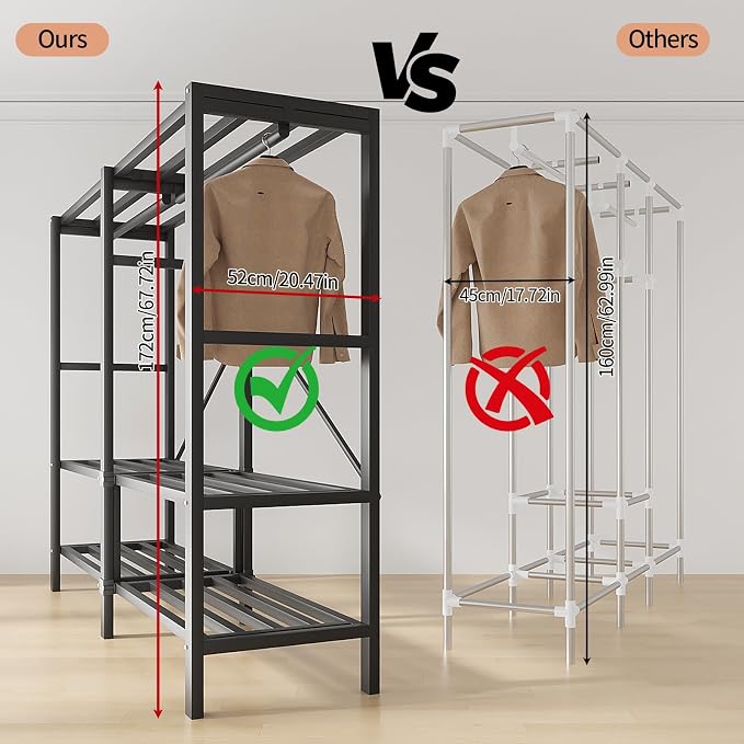 71in Heavy Duty Portable Closet with Cover, 1500lbs Foldable Covered Metal Clothing Wardrobe Closet System, Heavy Duty Garment Rack for Hanging Clothes, for Bedroom,Apartment,Rental Property, Brown