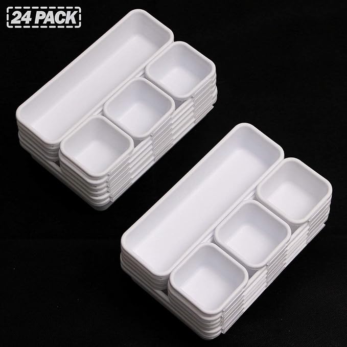 Set of 24 Interlocking Desk Drawer Organizer Tray Dividers Plastic Shallow Narrow Drawers Organizers Separators Storage Bins Container for Kitchen Bathroom Makeup Office Vanity Bedroom Dresser White