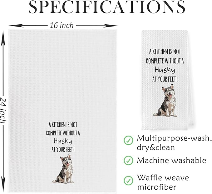 Funny Husky Dish Towels - Decorative Waffle Weave Kitchen Hand Tea Towels, Siberian Husky Gifts (1624 Inches)