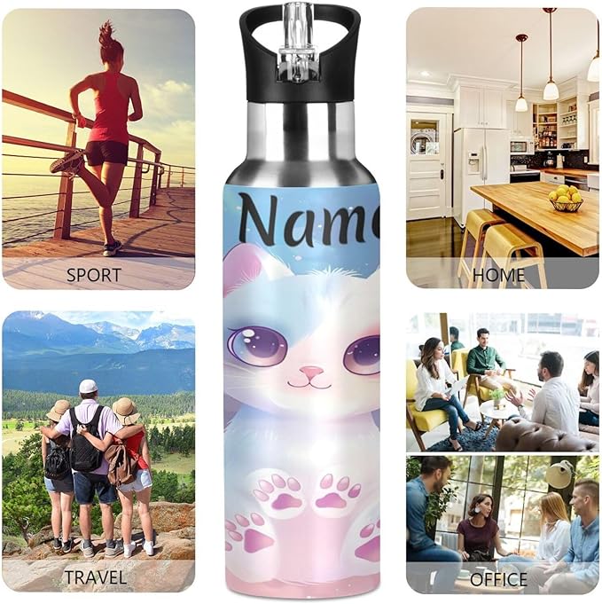Custom Name Cat Pet Pink Water Bottle with Straw Lid Kids Insulated Stainless Steel Water Flask Sports, 20 Oz Hot Cold
