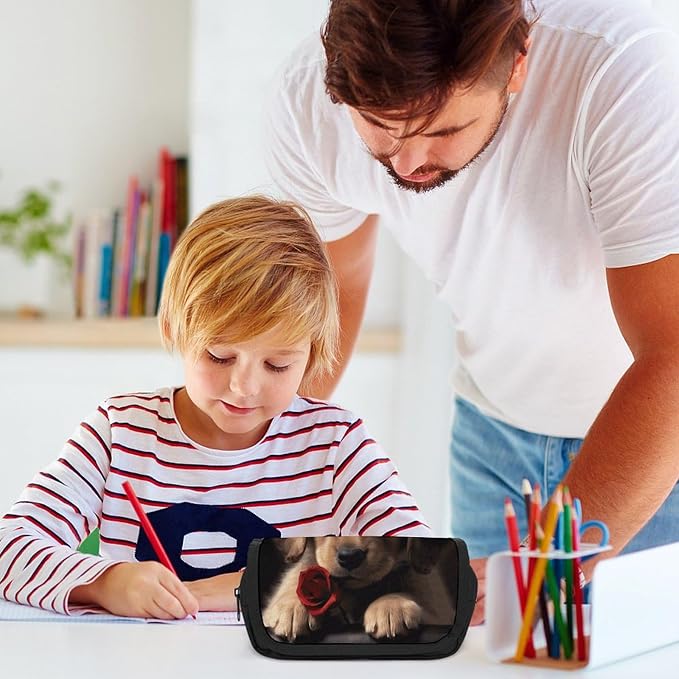 Pencil Pouch Cute Pet Dog Pencil Case Zipper Storage Bag with 2 Compartments Portable Multifunctional Bag Desk Organizer Marker Pen Case