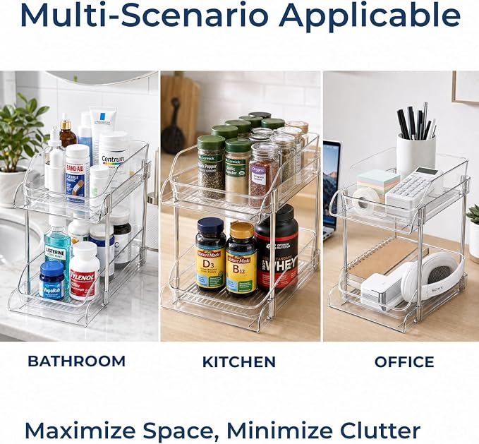 Medicine Bottle Organizer with Clear Pull-Out Drawers for Quick Access | Clear PET drawers, metal frame, smooth pull-out access, open top shelf, for vitamins, supplements, and medicine bottles
