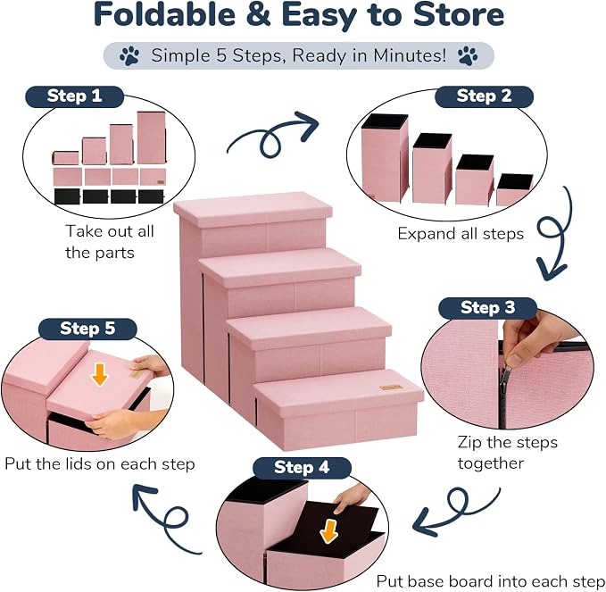 4-Step Wide Dog Stairs with Storage 23" H, Non-Slip Sturdy Pet Steps for High Bed Couch Window, Pet Stairs for Small/Medium/Large Old Dogs Cats Up to 220lbs, Cat Dog Steps for Car/SUV, Pink