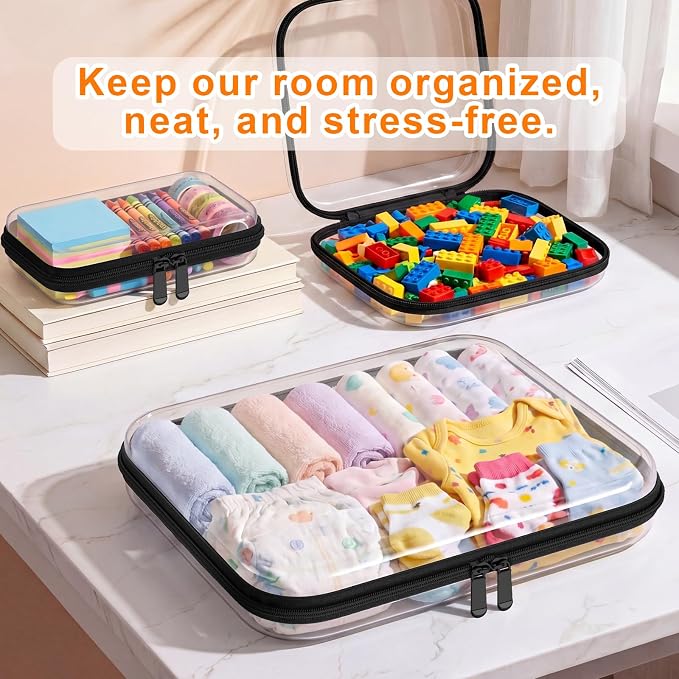 Clear Hard Shell Storage Bag 3 Pcs Waterproof PET Travel Cosmetic Organizer | Multi-size Plastic Zipper Pouch Crush-proof Makeup Box Fits Cosmetics,Toiletries for Travel,Home,Outdoors
