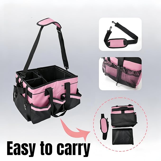 Tool Organizer Tote Bag, Pink and Black, Large Capacity with Adjustable Compartments, Portable Cleaning Storage Caddy, 14.96x10.63x9.06 Inches