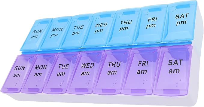 7 Day Weekly AM PM Pill Organizer, ShysTech Large Pill Case Pill Box for Pills Vitamin Supplements Medication (Purple/Blue)