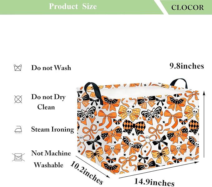 CLOCOR Rectangular Storage Basket,Collapsible Cute Pattern Storage Bin,Waterproof Books Box with Handles,Gift Basket(Halloween Bowknot)