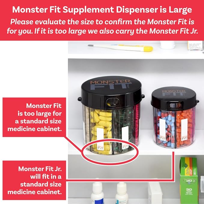 Supplement Pill Dispenser Bottle, 6 Compartment, Labels, Easy Open, Anti-Mixing, Monthly Vitamin Organizer, Monster Fit Jr Medication Holder (Clear, Small)