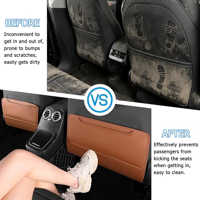 Zpana 2PCS Car Kick Mat Back Seat Protector, Microfiber Leather Vehicle Back Seat Cover with Storage Pocket, Automotive Backseat Anti-Kick Pad for Kids Pets, Universal for Truck SUV RV (Light Brown)