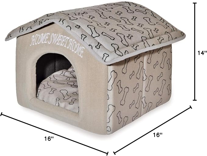 Best Pet Supplies Cat Bed for Indoor Cat, Domed Tent House with Removable Pillow, Covered Cat Cave for Small Dog, Puppies and All Breeds of Cats - Light Brown w/ Bones, 16 x 16 x H:14"