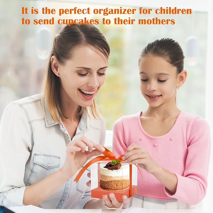 12 PCS Clear Cupcake Boxes 3.5 Inch Cupcake Containers (Orange) | Disposable Cupcake Carrier Plastic Individual Cupcake Storage Holder with Ribbons and Inserts for Wedding, Birthday Party