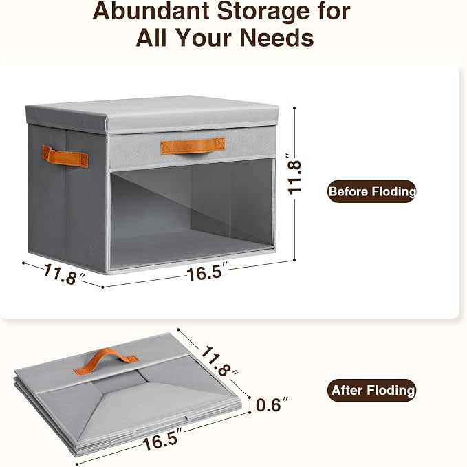Large Storage Bins with Lids - 4 Pack Foldable Decorative Organizers with Clear Windows & Handles, Cube Storage Organizers for Clothes, Blankets, Sweaters, Sheets, Grey