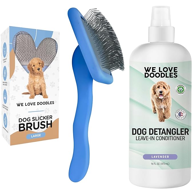 We Love Doodles Large Slicker Brush & Lavender Detangler Spray Pack - for Long-Haired Dogs, Dog Leave-In Conditioner for Reducing Mats, Knots & Tangles, Dematting & Conditioning Kit, 16 oz