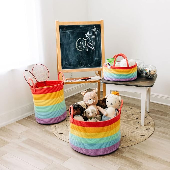 OrganiHaus Rainbow Rope Diaper Caddy Organizer, Nursery Basket | Woven handles; a toy bin, laundry bin, or newborn essentials storage; great for car, baby shower gifts, or bedroom decor