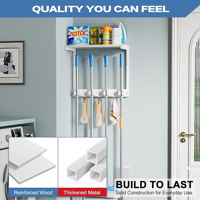 Olakee Broom Holder Wall Mount with Cleaning Supplies Organizer, Laundry Room Organization and Storage Shelves, Mop Hanger Rack with Hooks, Utility Shelf Closet Organizer for Garage Home Improvement