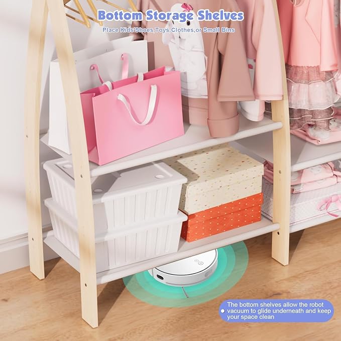 HedoAjim Kids Clothing Rack Dress Up Storage Closet for Girls Baby Garment Wardrobe Toddler Costume Closet with Double Hanging Rod Wood 2 Tier Bottom Storage Shelves (Double Tires)