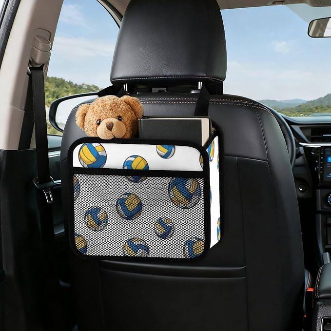 Car Seat Back Organizer Pu Leather Vehicle Backseat Storage Box, Yellow | Blue White Volleyball, Auto Hanging Pouch with Adjustable Strap PU Leather Trash Bags Travel Accessories