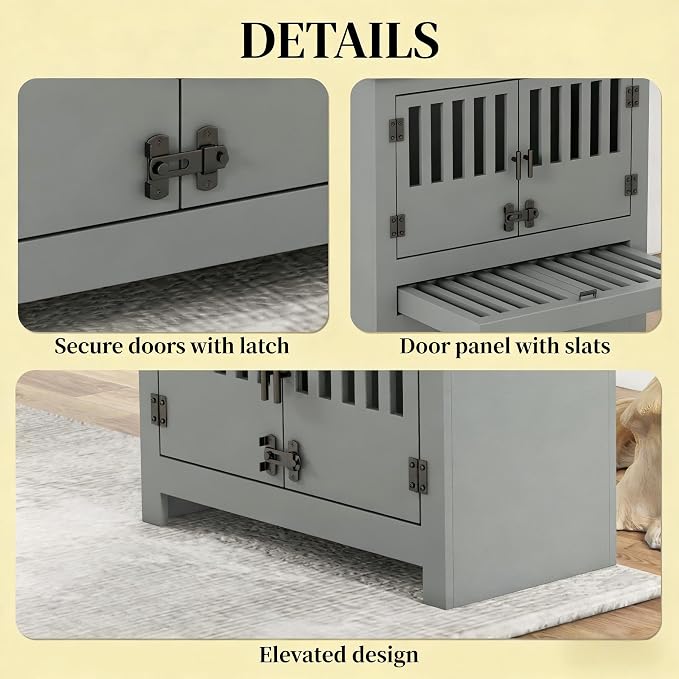Dog Feeding Station with Storage, 2 Stainless Steel Bowls, Gray, Elevated Dog Bowl Holder, Dog Feeder Stand, Wooden Dog Food Organizer for Indoor, Dog Food Storage Cabinet