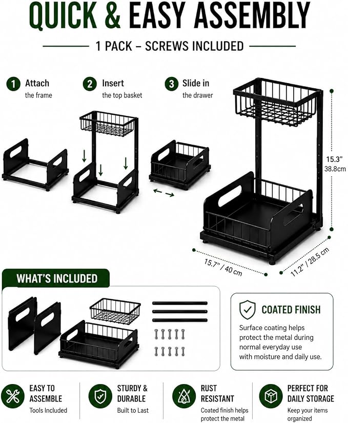 Under Sink Organizer, 2 Tier Adjustable Cabinet Organizer with Slide-Out Drawer, Heavy Duty Metal Storage Rack for Kitchen, Bathroom & Laudry room.