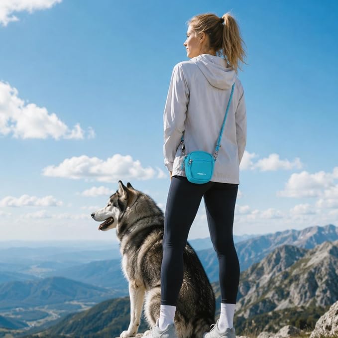 Dog Treat Pouch with Poop Bag Holder, Small Crossbody Bag for Puppy Training and Walking, Shoulder Strap Can Use as Dog Leash- Pet Travel Accessories, Metal Carabiner Attached (Blue) | 900D Oxford Fabric