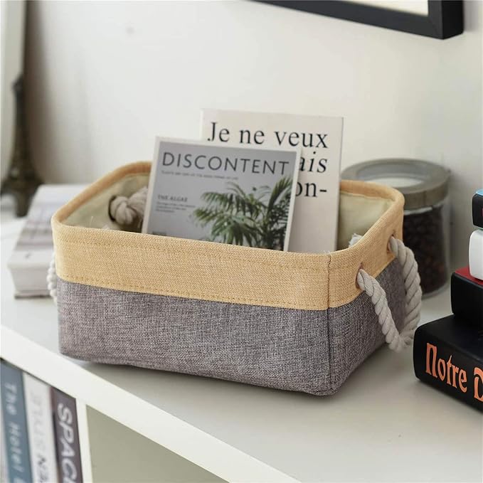 Decorative Basket Rectangular Fabric Storage Bin Organizer Basket with Handles for Clothes Storage (Gold&Grey, Medium-1Pack,13.8L*9.8W*6.7H)