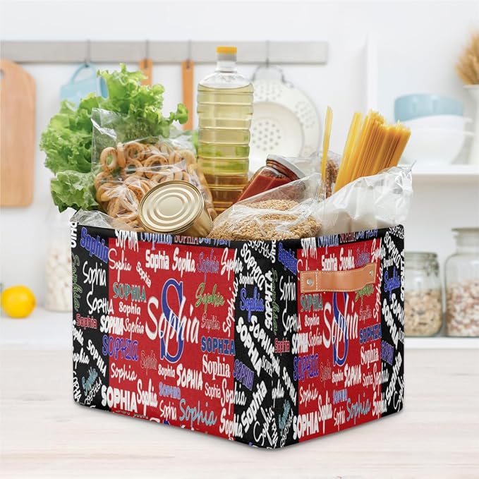 Personalized Name Storage Basket Handles, Canvas Storage Bins Toys Clothes Organizer for Bedroom, Kitchen, Bathroom, Nursery, Shelves, Closets, Black with Red Color