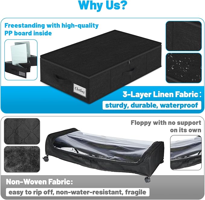 Under Bed Storage Container Bins 2 Pack, 4.5 Inch Slim Low Profile Underbed Clothes Storage Organizer for Dorm & Home, Use for Blanket and Toy Storage Box W/ Sturdy Bottom/Sides, Foldable Thick Fabric
