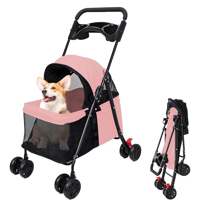 4‑Wheel Foldable Pet Stroller, Travel Strolling Cart for Small & Medium Dog | Breathable Visible Mesh Window, Cup Holder & Storage Basket, Rear Wheel Dual Brake, Portable Folding Design Pink