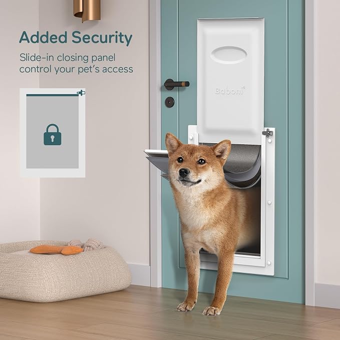 Baboni Dog Door for Door,Durable Plastic Frame,Large | Pets Up to 100 Lb,for Interior and Exterior Doors,Aluminum Lock,Metal Panel,Strong Magnetic Flaps, Never Rust