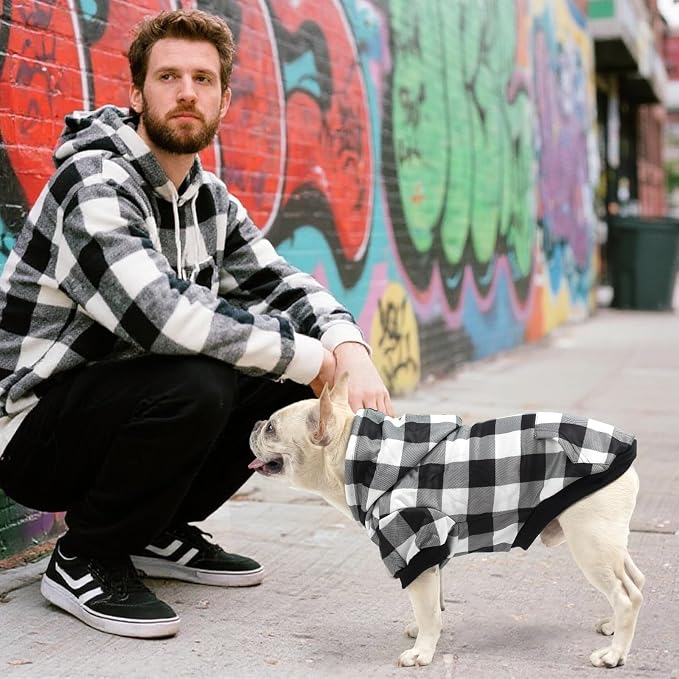 KOOLTAIL Plaid Dog Hoodie Pet Clothes Sweater with Hat and Pocket for Small Medium Large Size Dogs, Soft Winter Warm Dog Cold Weather Coat, Fleece Fall Dog Hooded Sweatshirt for Puppy Cats, White S