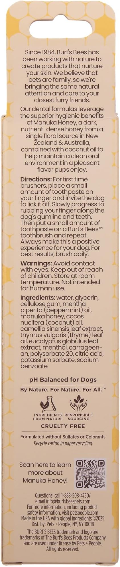Burt's Bees for Pets Toothpaste for Dogs with Manuka Honey and Coconut Oil for Gum Health & Tartar Control, 99.1% Natural Origin Formula, Fresh Mint Flavor, 2.5 oz