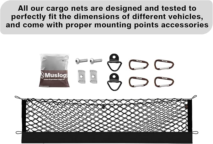 Muslogy Cargo Net for Nissan Titan 2017-2025 2026 Accessories | Custom Fit, Truck Bed Storage Organizer Net for Pickup Truck Bed Divider, Heavy Duty Carabiners, Night Visible Grab Handle