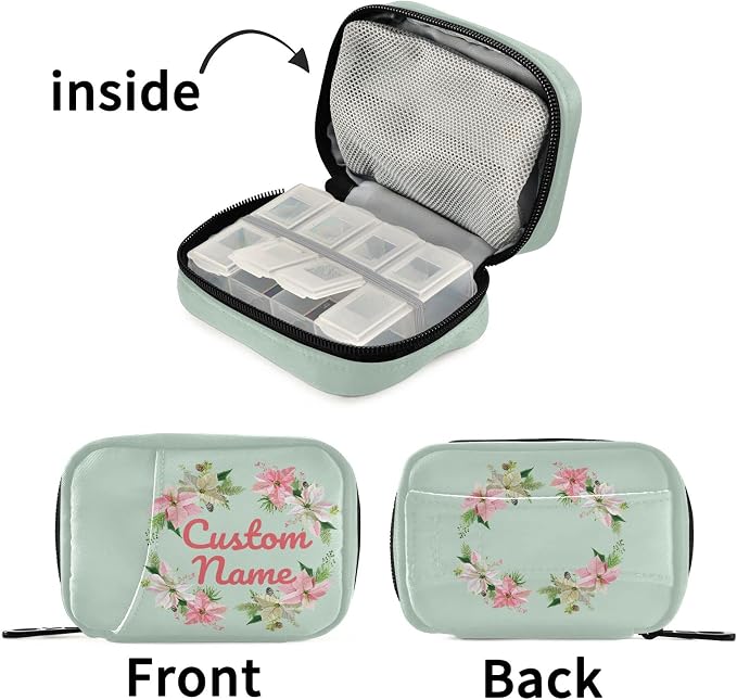 Custom Pill Box 7 Day Pill Case Bag Christmas Flower Personalized Name Travel Pill Organizer Bag with Zipper Portable Weekly Case Compact Size for Vitamin Supplement Holder