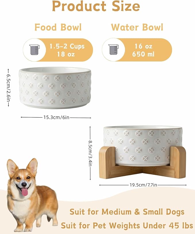 TRUVIC Ceramic Dog Bowl with Wood Stand, Jun Blanc Four-Leaf Clover Relief Dog Food and Water Bowl, 2 Cup/14 oz Puppy Food Bowl for Medium Dogs, Dishwasher Safe, Modern Geometric, Four-Leaf Clover
