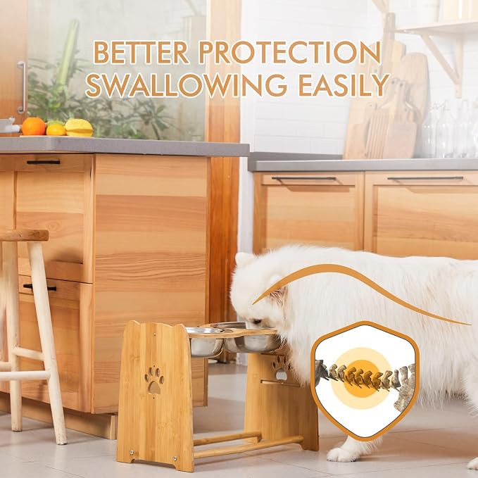 X-ZONE PET Elevated Dog Bowls for Cats and Dogs, Adjustable Bamboo Raised Dog Bowls for Large Dog, Food and Water Stand Feeder with 2 Stainless Steel Anti Slip Feet (Height 7.9" to 11.4" to 15")…