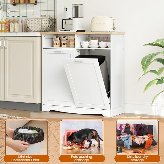 HOOBRO Double Tilt Out Trash Can Cabinet, 20 Gallon Kitchen Trash Bin Cabinet, Hidden Trash Storage with Open Compartments, Hidden Laundry Hamper, for Kitchen, Laundry, White and Natural WN04LJ01