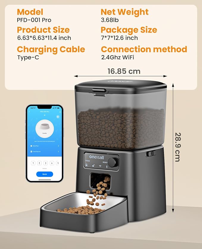 oneisall 2.4 GHz Wi-Fi Automatic Cat Feeder, 3.5L/15 Cups | Timed Meals, Feed Now, Feeding Logs, Slow Feed, Precise Portion, Dual Power Backup, Family Share, Stainless Steel Bowl