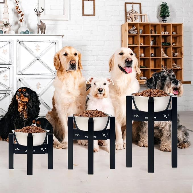Elevated Dog Bowl Stand Adjustable Dog Food Holder 14”H Large Black | 14” Elevated Dog Bowl Stand, Large Dogs, Adjustable, Fits 8”-11” Bowls, Single Bowl Holder, Natural Bamboo, Classic Black
