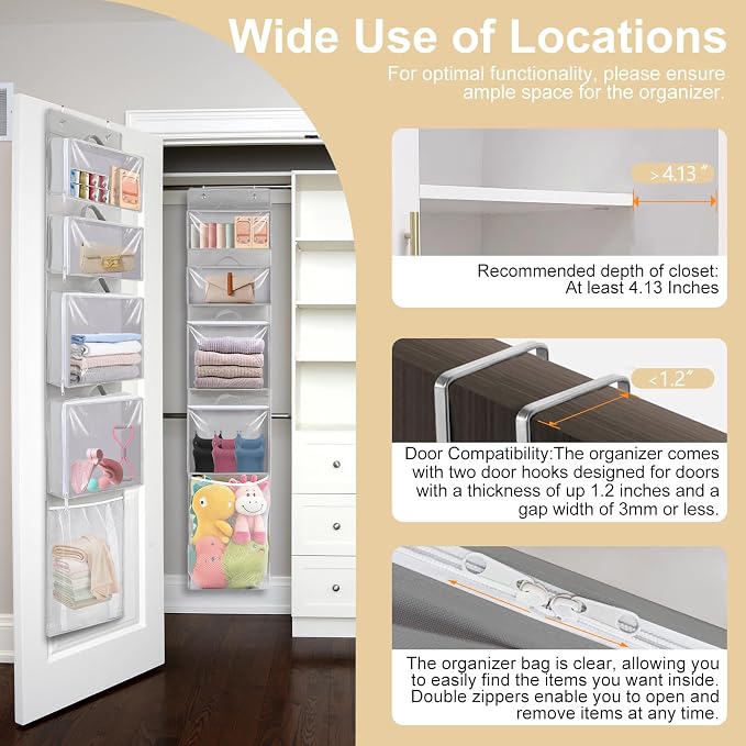 Over Door Toy Organizer, Hanging Stuffed Animal Storage with Removable Bags | Gray Toy Storage Case Behind Door for Block, Puzzle, Bi-Fold Closet Holder Idea with Mesh Pocket, Kid Boy Girl Nursery Room