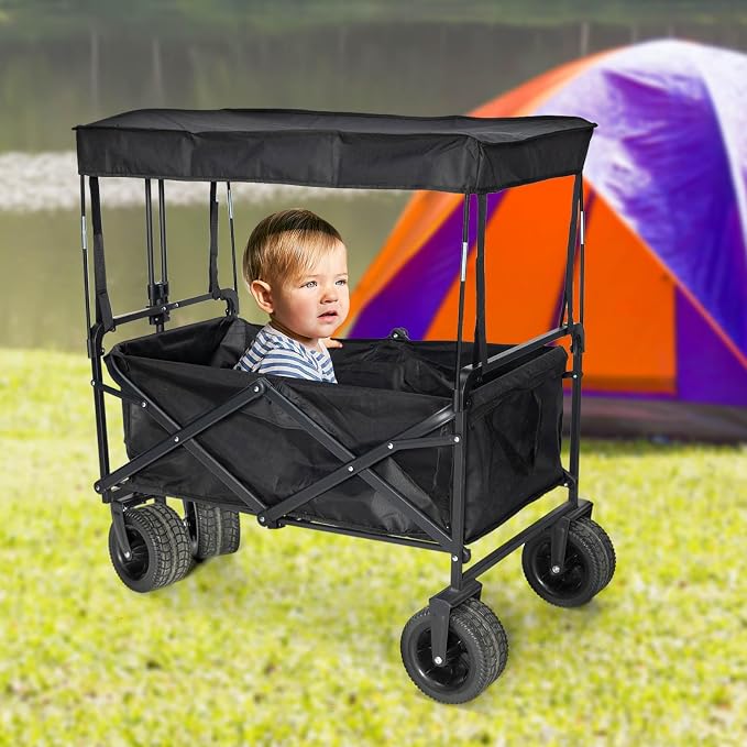 Black Removable Wagon Canopy Attachment with Rods, Foldable Sun Shade Cover | for Collapsible Beach Utility Carts, Folding Wagons, Outdoor Picnic Trolleys